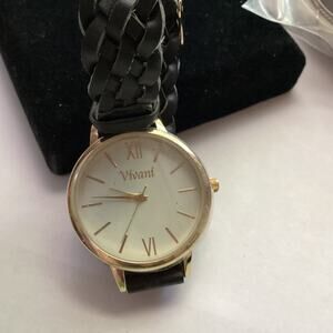 2777 Ladies Vivan Round Gold Tone Black Braided Faux Leather Band Analog Watch